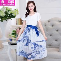 鑫·森碟2015夏装女长款青花瓷雪纺连衣裙MC147722
