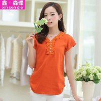 鑫·森碟2015夏新韩版宽松V领亚麻短袖T恤MCB1107