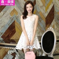 鑫·森碟2015夏季新款女装甜美立体剪花镂空无袖背心连衣裙A0001