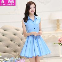 鑫·森碟2015夏装新款韩版修身显瘦中长款衬衫领大摆无袖连衣裙A0008