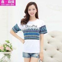 鑫·森碟2015夏装新款韩版女装宽松套头蕾丝拼接T恤B0012