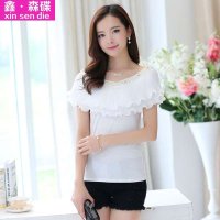 鑫·森碟2015夏装新款钉珠修身拼接一字领全棉短袖T恤B0017