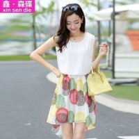 鑫·森碟2015夏季新款韩版印花燕尾裙拼接假两件雪纺连衣裙A0037