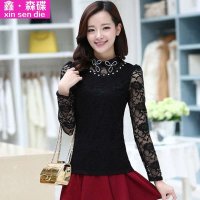 鑫·森碟2015秋冬装新款修身打底长袖娃娃领蕾丝衫B0114