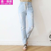 鑫·森碟2015新款韩版破洞系带宽松学生小脚牛仔裤C0120