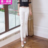 鑫·森碟2015春秋新款磨破毛须边裤头修身显瘦破洞九分牛仔裤C0122