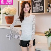 鑫·森碟2015秋冬新款韩版修蝴蝶结长袖蕾丝打底T恤B0128