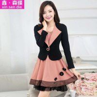 鑫·森碟2015春秋韩版修身长袖优雅连衣裙加西装女装两件套A0131