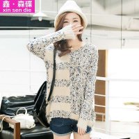 鑫·森碟2015秋冬韩版女装套头衫中长款宽松撞色长袖针织衫B0142