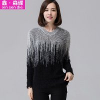 鑫·森碟2015秋冬新款韩版渐变色圆领宽松撞色针织衫B0151