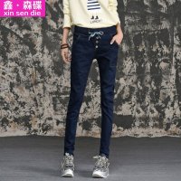鑫·森碟2015秋装新款女装韩版显瘦松紧系带小脚牛仔裤C0233