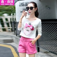 鑫·森碟2015秋装新款女装印花长袖百搭翻边休闲短裤休闲套装D0236