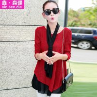 鑫·森碟2015秋装新款女装韩版宽松修身拼接假两件雪纺衫B0239