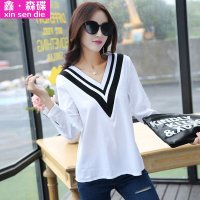 鑫·森碟2015秋冬新款女装V领百搭宽松时尚T桖 B0263