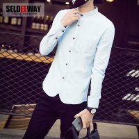 Seldeeway秋季棉麻长袖衬衫男日系复古男士亚麻纯色衬衣青年潮立领修身男装
