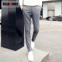 Seldeeway秋装新款男士休闲裤男格子直筒小脚修身韩版长裤潮男装裤子