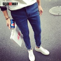 Seldeeway秋季新款日系复古男士水洗微弹牛仔裤男修身纯色小脚长裤潮