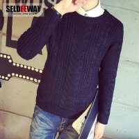 Seldeeway秋装新款日系复古男士纯色麻花针织衫男圆领套头毛线衣男装