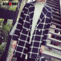 Seldeeway秋装新款日系复古男士修身格子大衣男中长休闲青年风衣外套