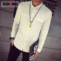 Seldeeway秋装新款日系复古男士亚麻修身长袖长袖衬衫男纯色打底衫潮