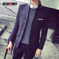 Seldeeway秋装新款日系复古男士修身纯色小西装男立领休闲呢西服外套