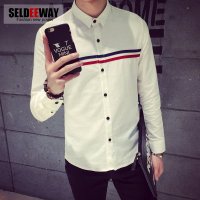 Seldeeway秋装新款日系复古男士休闲撞色长袖衬衫男尖领修身青年衬衣