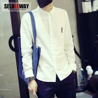 Seldeeway秋装新款日系复古男士棉麻纯色长袖衬衫男简约修身青年衬衣