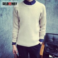 Seldeeway秋装新款日系复古男士纯色百搭毛衣男圆领套头打底针织衫潮