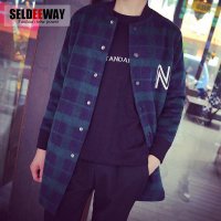 Seldeeway秋装新款日系复古男士格子大衣男修身立领青年呢风衣男外套