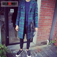 Seldeeway秋冬新款日系复古男士中长呢风衣男修身西装领大衣男装外套