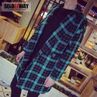 Seldeeway秋装新款日系复古男士格子呢大衣男修身翻领中长风衣男外套