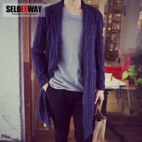 Seldeeway秋装新款日系复古男士条纹修身开衫外套男休闲羊毛呢西装潮