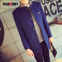 Seldeeway秋装新款日系复古男士修身中长款立领大衣男休闲呢风衣外套