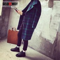 Seldeeway秋装新款日系复古男士格子翻领大衣男修身中长款呢风衣外套