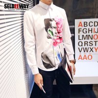 Seldeeway衬衫男秋装新款日系复古男士印花休闲修身百搭长袖衬衣