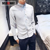 Seldeeway长袖衬衫男秋装新款日系复古男士纯色青年休闲衬衣男装