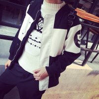 夹克男秋装新款日系复古男士时尚印花立领修身拼皮外套潮