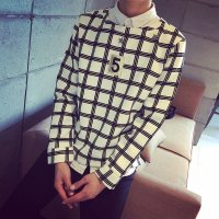 长袖T恤男士秋装新款日系复古时尚格子圆领休闲打底衫