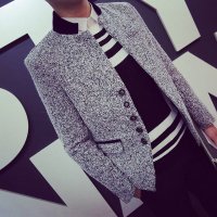 男士西服秋装新款单排扣小西装男立领呢西装外套潮