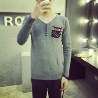 男士毛衣秋装新款日系V领休闲针织衫男复古修身时尚套头毛衣潮