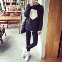 撞色毛衣男秋冬装新款套头圆领针织衫男加厚