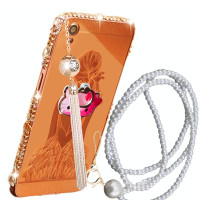 摩洛 手机套镭雕背板女孩金属边框背板水钻支架吊坠珠链保护壳 适用于OPPO R9/R9TM