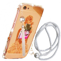摩洛 手机壳镭雕背影女孩金属边框后背板水钻支架吊坠珠链保护套 适用苹果6plus/5.5屏
