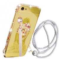 摩洛 手机壳镭雕背影女孩金属边框后背板水钻支架吊坠珠链保护套 适用于苹果6/6S/4.7屏