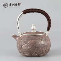 千锤佳艺纯手工99足银茶具日本银壶荷塘月色一体壶茶道功夫茶茶壶