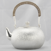 雪花银壶纯银99茶壶纯手工新华村精品养生足银茶道器具银茶壶之竖纹提梁壶