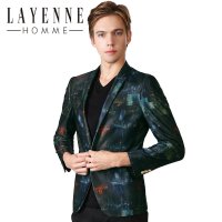 法国LAYENNE HOMME 印花拼色潮男宴会休闲小西装修身个性西服外套