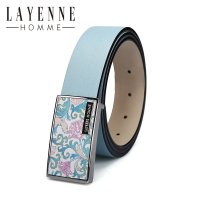 法国LAYENNE HOMME 男士牛皮不锈钢平滑扣印花蓝色皮带潮流腰带