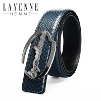 法国LAYENNE HOMME 男士蛇皮拼接牛皮皮带个性平滑扣蓝色皮带腰带