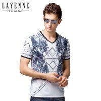 2016年夏季男士短袖V领个性t恤潮牌男装建筑风半袖体恤衫透气衣服